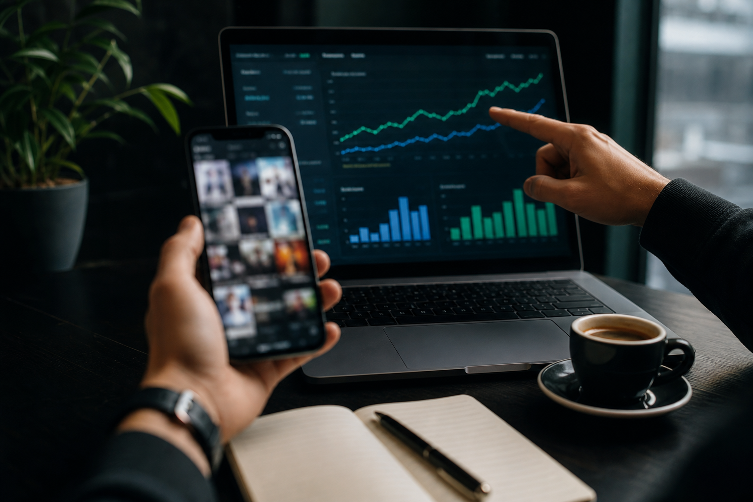 Hands reviewing social content and growth analytics